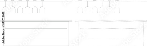 Bar counter outline icon set with solid and dashed stroke, hanging wine glass rack and modern pub table line drawing isolated on white background vector