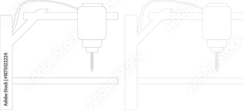 CNC machine outline icon set with solid and dashed stroke, industrial milling router line drawing, automated manufacturing equipment isolated on white background vector