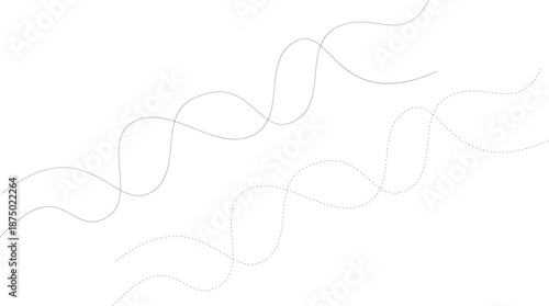 Abstract smooth curve wave line set with solid and dashed stroke style, flowing wavy ribbon paths isolated on white background minimal vector