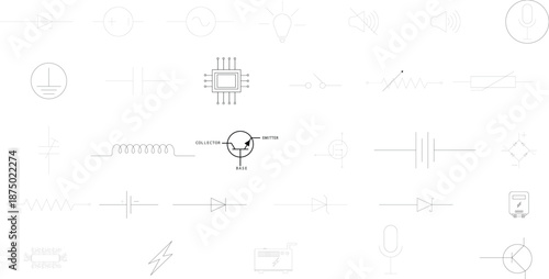 Electronics symbols set in thin outline style, electrical circuit diagram components collection for engineering schematic and technical drawing vector icons