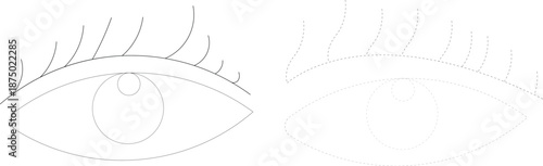 Minimal eye outline icon set with solid and dashed stroke style, simple eyelash line drawing, vision and beauty symbol isolated on white background vector