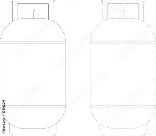 Gas cylinder outline icon set with solid and dashed stroke, propane tank container line drawing for industrial fuel storage isolated on white background vector