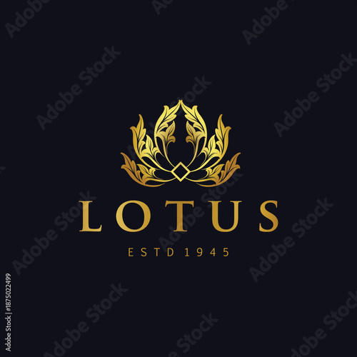 Luxury Gold Lotus Flower Logo Design. Elegant Floral Emblem with Acanthus Leaves and Diamond Accent on Dark Blue Background. Premium Branding for Spa, Hotel, Boutique, or Wellness Center