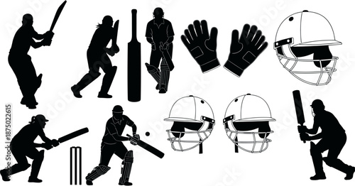 Cricket player silhouettes and equipment set featuring batsmen in action, helmets, gloves, bats, and wickets isolated on white background.