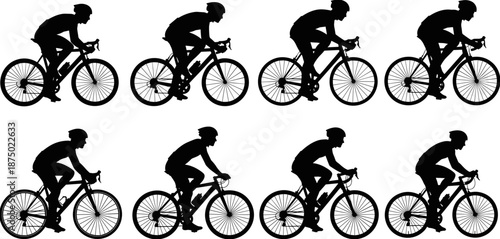 Set of eight black silhouettes showing a male cyclist in various riding positions and pedal strokes on a road bike.