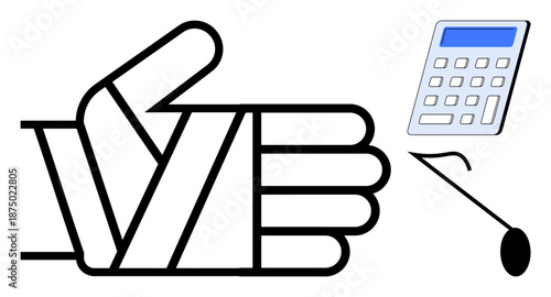 Financial assistance, healthcare aid, productivity, accounting professionalism, teamwork, problem-solving. A bandaged hand giving a thumbs-up next to a calculator. Financial assistance and healthcare