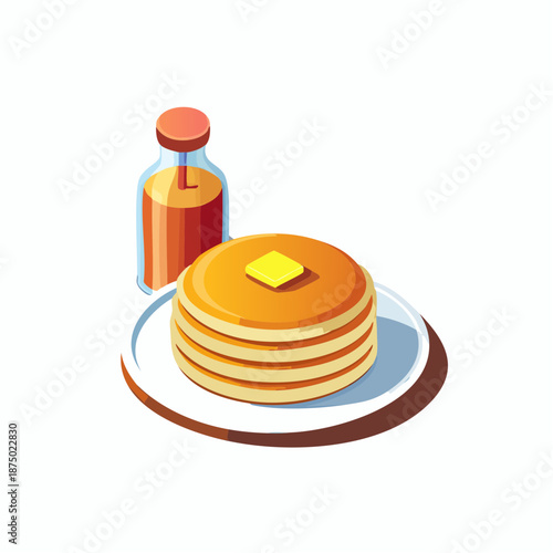 Isometric Illustration of Pancake Stack with Butter and Maple Syrup Bottle