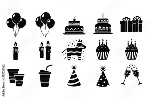 Black silhouettes of birthday party icons including balloons cakes and gifts on white background