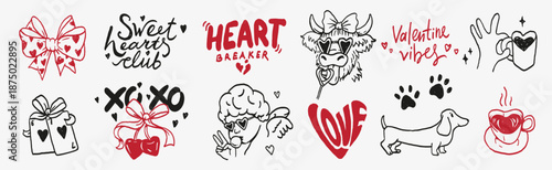 Hand drawn Valentine doodle set with hearts, love quotes, cute symbols, coffee, gifts and playful characters. Romantic, cozy and fun illustrations for cards, stickers, prints and social media.