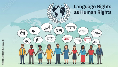 Diverse people holding hands with speech bubbles in different languages symbolizing language rights as human rights global communication concept