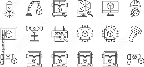 3D printing manufacturing technology line icons set featuring printer scanner robotics CAD design industrial automation engineering production workflow solutions innovation prototyping factory 