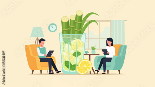 A couple relaxing in a living room with tablets, beside a giant glass of sugarcane lemonade