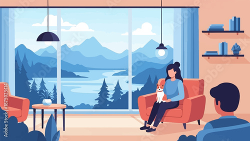 A couple relaxing in a modern living room with a dog, enjoying a scenic mountain and lake view