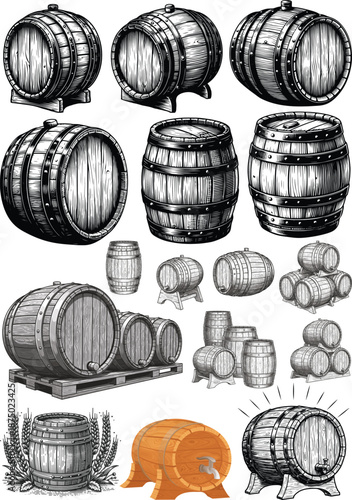 Wooden Barrel and Cask Illustration Set. Hand-Drawn Collection Featuring Engraved Wine Barrels, Whiskey Casks on Pallets, and Beer Kegs. Vintage Wood Texture Vector for Brewery and Vineyard Branding