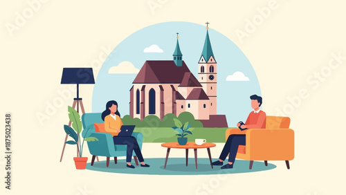 A couple relaxing in a modern living room with a scenic view of a historic European church