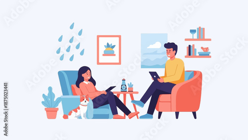 A couple relaxing indoors on a rainy day, using tablets in a cozy living room with their pet dog