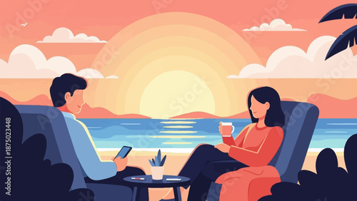 A couple relaxing on a beach, watching a vibrant sunset over the ocean. Illustration style