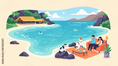 A couple relaxing on a couch with their pets, their living room opening onto a beautiful tropical beach