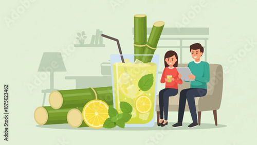 A couple relaxing on a sofa next to a large glass of fresh sugarcane juice with lemon and mint