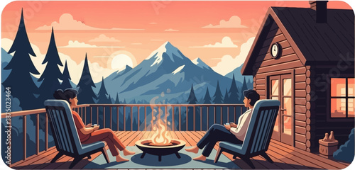 A couple relaxing on a cabin deck by a fire pit, enjoying a mountain view at sunset. Illustration