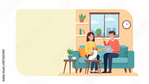 A couple relaxing on a sofa with their pet dog and a laptop in a cozy modern living room