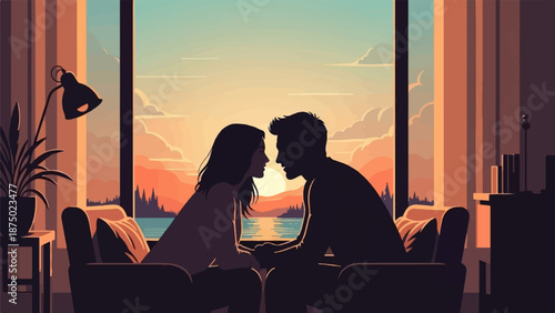 A couple silhouetted in a cozy room, sharing an intimate moment before a window at sunset