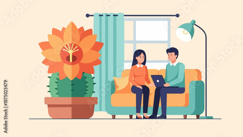 A couple relaxing on a sofa with a laptop in a modern living room with a large flowering cactus