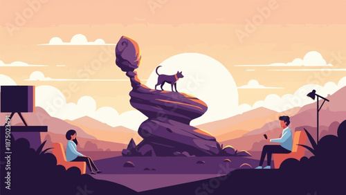 A couple sits apart in a surreal landscape with a dog on a rock, blending indoors and outdoors