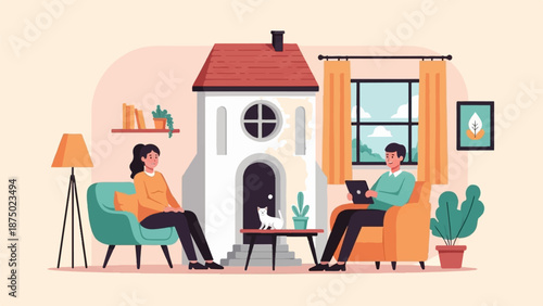A couple sits in a living room, a symbolic miniature house and a white cat between them