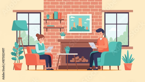 A couple sits in a cozy living room with a brick fireplace, each focused on their tablet