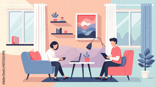 A couple sits in a cozy living room, each focused on their digital device in a modern apartment