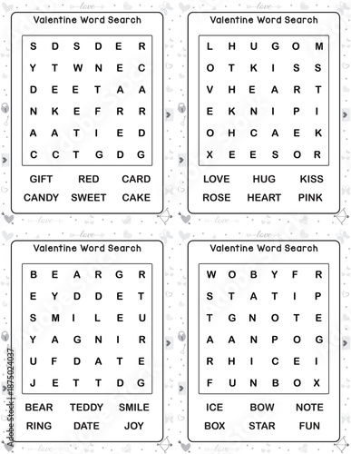 Valentine’s Day word search activity pages featuring love-themed vocabulary puzzles in black and white printable format for kids