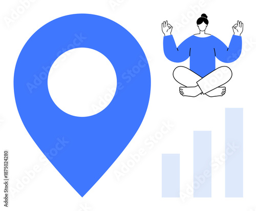 Relaxation, mindfulness, data tracking, wellness apps, meditation benefits, fitness progress. Blue location pin, meditating person and bar chart. Relaxation and mindfulness concepts