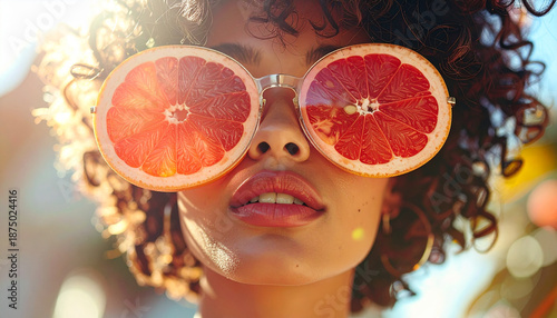 Grapefruit slice sunglasses fashion portrait, close up of model with curly hair, vibrant sunlight, creative eyewear, summer mood, playful and artistic style