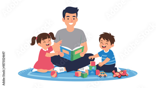 A smiling father reads a book to his two happy children on a playmat with toys on Happy Father's Day.
