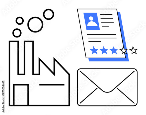 Factory building, resume with star rating, and envelope highlight employment, hiring, and industry themes. Ideal for recruitment, manufacturing, communication, career growth evaluation workforce