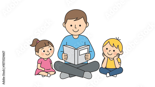 A cheerful father reads a book to his two happy children on a Happy Father's Day, with a simple white background and colorful flat illustration style.