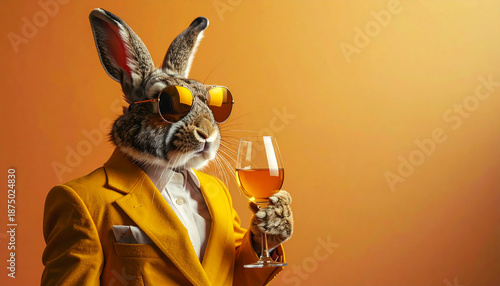 Rabbit in mustard suit and tinted aviator glasses holding wine glass, stylish and confident, orange background, vintage glam, whimsical animal portrait
