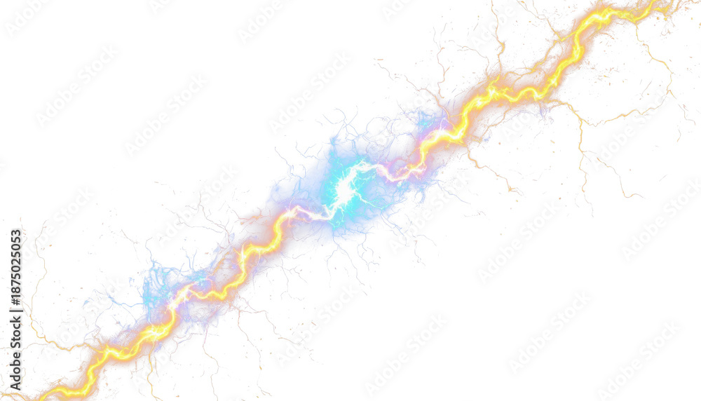 Obraz premium Lightning bolt yellow blue electric discharge glow PNG