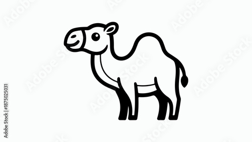 A simple black and white cartoon illustration of a camel standing on a white background.
