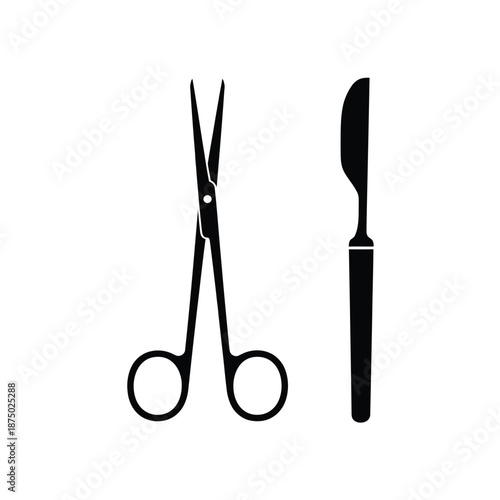 surgical scissors and scalpel on white background