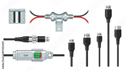 Electronics components and cables arranged on a plain white background with various connectors and Elektron devices.