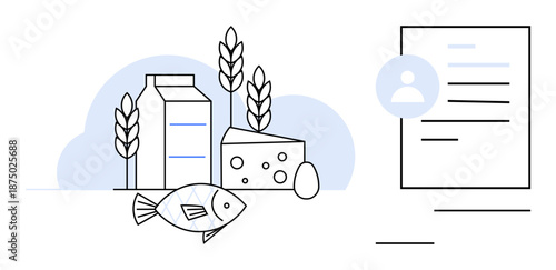 Nutrition, food groups, dietary planning, health certification, user profiles, balanced diet. Milk carton, fish cheese wheat and document icon. Nutrition and food groups theme