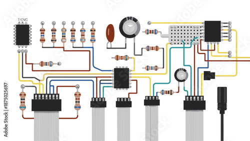 A detailed electronic circuit board with colorful wires and components on a clean white background, showcasing a complex Elektron setup.