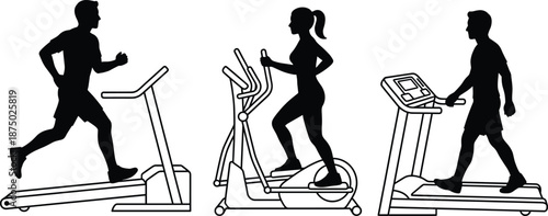 Black, silhouette, people, exercising, on, treadmill, elliptical, machines, gym, fitness, workout, cardio, training, healthy, lifestyle, indoor, sports, activity, modern, equipment, illustration,