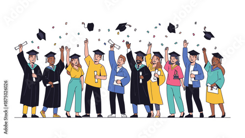 A diverse group of graduates in colorful academic attire celebrating a happy graduation, throwing caps and diplomas in the air with joyful expressions, against a clean white background with