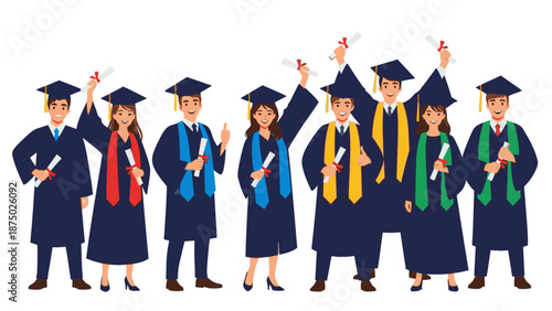 A group of diverse graduates in colorful academic regalia celebrate a happy graduation against a clean white background with a joyful mood.