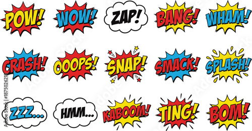 Comic book sound effect stickers set, pop art speech bubbles, pow wow zap bang wham crash oops snap smack splash boom cartoon vector illustration