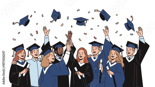 A group of diverse graduates in caps and gowns throwing their hats in the air with joy, celebrating a happy graduation against a clean white background with a lively and celebratory mood.