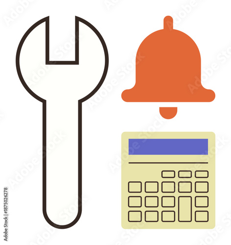 Maintenance alerts, calculation tools, notifications, troubleshooting, productivity, business planning. Wrench with a bell and calculator. Maintenance alerts and calculation tools concepts